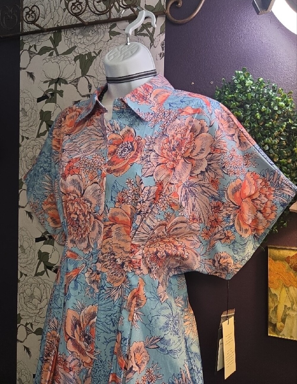 Pleated Floral Riot Shirt Dress By Nicole Miller -Bat Wing Style Sleeves - Sz 10 - Picture 3 of 10